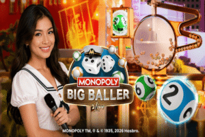 Monopoly Big Baller by Evolution featuring a live host, 5×5 bingo gameplay, live ball drawing machine, Mr. Monopoly, and immersive 3D bonus game.