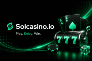 SolCasino promotional banner featuring the SolCasino logo with glowing casino-themed elements, including slot reels, playing cards, poker chips, and dice on a modern black and green background.
