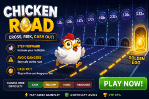 Chicken Road by InOut Games，小雞穿越道路挑戰不同倍率與難度的即時遊戲畫面。