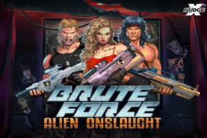 Brute Force: Alien Onslaught game artwork featuring the Brute Force squad, alien enemies, futuristic weapons, and an action-packed sci-fi battlefield.