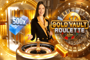 Gold Vault Roulette 真人轮盘游戏，Evolution 黄金金库主题轮盘，提供 Gold Bar 金条倍数与最高 500x Super Gold Bar。