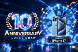 OFA168 10th Anniversary Lucky Draw banner featuring a futuristic prize wheel and an iPhone 17 grand prize in a blue neon design.OFA168 十週年幸運大抽獎活動橫幅，以藍色霓虹風格呈現幸運輪盤及 iPhone 17 大獎。