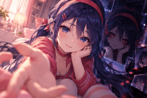 虛擬女友MiSide 米塔遊戲封面，紫髮美少女米塔在粉色房間中微笑伸手，身後鏡中映出紅眼詭異分身，呈現甜蜜戀愛與心理恐怖交織的遊戲氛圍。
