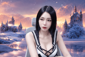 MT炸鸡坐在梦幻冰雪城堡背景前，黑色短发搭配黑白造型服装，呈现轻松自然的在线互动氛围。